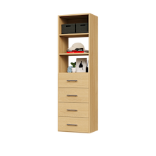 4-drawer shelf tower natural oak 19.5 inch slab closet system with slab drawers for accessories and folded shirts in a walk-in closet.