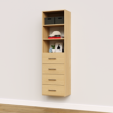 4-drawer shelf tower natural oak 19.5 inch slab modular closet system with flat panel slab drawers for small apartment closets