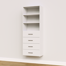 4-drawer shelf tower white 25.5 inch slab built-in closet storage with slab drawers for bedroom wardrobe organization.