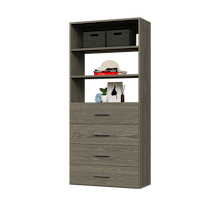 4-drawer shelf tower grey 31.5 inch slab closet organizer with slab drawer fronts for organizing folded clothing in a closet.