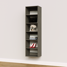 Grey 18 inch shelf tower for handbags in a bedroom wardrobe.