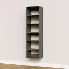 Grey 18 inch shelf tower for stacked storage in a narrow apartment closet.
