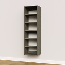 Grey 19.5 inch shelf tower for space-saving storage in a studio apartment.