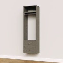 Grey slab 2-drawer hanging closet tower module with a hanging rod, two deep drawers, and an upper shelf for jacket and coat storage.