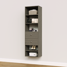 Grey slab 2-drawer closet shelf tower module with five open shelves and two deep drawers for folded garments storage.