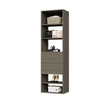 Grey slab 2-drawer closet shelf tower with five open shelves and two deep drawers for closet organization.