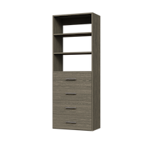 4-drawer shelf tower grey 25.5 inch slab closet organizer with slab drawer fronts and modern shelves.