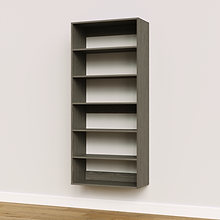 Grey 30 inch shelf tower for large dressing room closets.