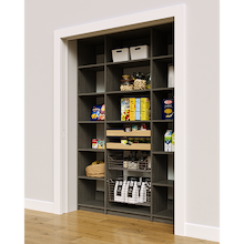 Reach in pantry shelving in grey with 60 inch width, two wood pull-out drawers, and two pull-out wire baskets.