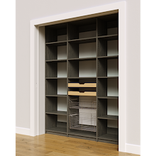 Two wood pull-out drawers and two pull-out wire baskets in 69 inch grey pantry shelving.