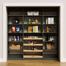 81 inch grey vertical pantry shelving with adjustable tiers for dry goods and jars.