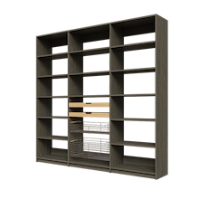 Two wood pull-out drawers and two pull-out wire baskets in 87 inch grey pantry shelving.