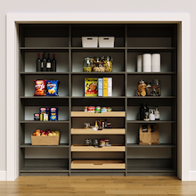 Grey 87 inch pantry storage for groceries and kitchen supplies.