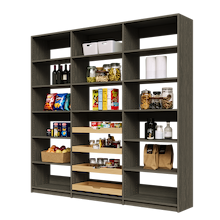 High capacity 87 inch grey reach in storage with four wood pull-out drawers.