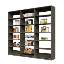 93 inch grey pantry shelving with three sliding wire storage baskets.