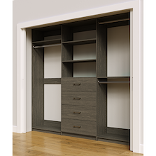 Grey custom closet system 96 inch with drawers and shelving for large wardrobe storage