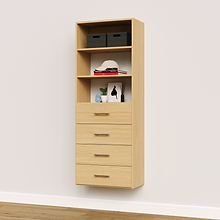 4-drawer shelf tower natural oak 25.5 inch slab drawer tower with slab drawers for guest room wardrobe organization.