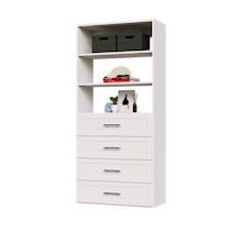 4-drawer shelf tower white 31.5 inch shaker modular closet system with shaker drawers for handbag storage in a wardrobe closet.