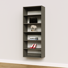 Grey 27 inch shelf tower for bulky sweaters and blankets in a walk-in closet.