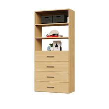 4-drawer shelf tower natural oak 31.5 inch slab drawer tower with slab drawers for linens and towels in a bedroom closet.