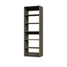 Grey 22.5 inch shelf tower for upright clothing storage in a modern loft.