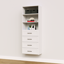 4-drawer shelf tower white 25.5 inch shaker drawer tower with shaker drawers for folded clothes in a master suite closet.