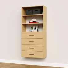 4-drawer shelf tower natural oak 31.5 inch slab closet system with flat panel slab drawers for master walk-in wardrobe organization.