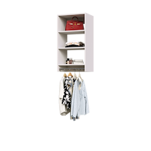 White medium hanging closet with three upper shelves and a hanging rod below for closet organization.