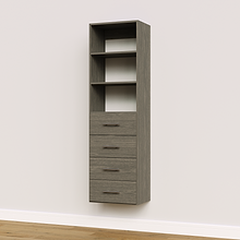 4-drawer shelf tower grey 19.5 inch slab modular closet system with slab drawers built into a reach-in closet.