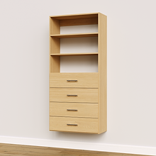 4-drawer shelf tower natural oak 31.5 inch slab modular closet system with slab drawers built into a custom wardrobe unit.