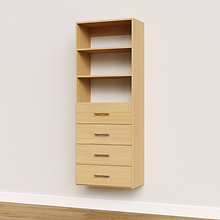 4-drawer shelf tower natural oak 25.5 inch slab modular closet system with slab drawer fronts for custom walk-in wardrobes.