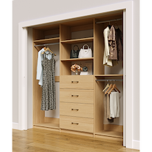 Natural Oak closet system 90 inch with extensive hanging storage for clothing