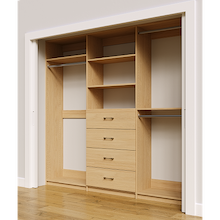 Natural Oak custom closet system 93 inch with drawers and shelving for custom wardrobe organization