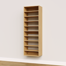 Natural oak shoe tower with 10 straight shelves for efficient vertical shoe storage.
