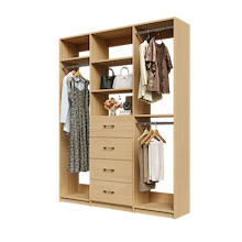 Natural Oak Ultimate closet organizer 66 inch with drawers, shelving and space-saving hanging storage