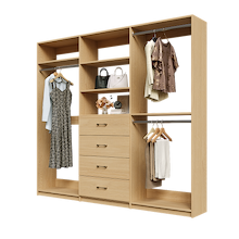 Natural Oak Ultimate closet organizer 93 inch with drawers, shelving and expanded clothing hanging storage
