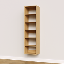 Natural oak 18 inch shelf tower installed in a small bedroom wardrobe.
