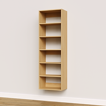 Natural oak 21 inch shelf tower used for built-in master closet organization.