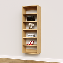 Natural oak 24 inch shelf tower for bags and shoes in an entryway.