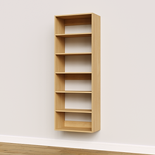 Natural oak 24 inch shelf tower used for wide walk-in closet organization.