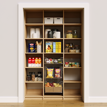 54 inch natural oak pantry shelves for organizing kitchen jars and snacks.