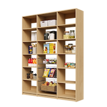 66 inch natural oak reach in pantry storage with three wire baskets.