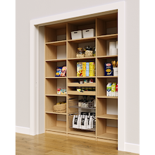 69 inch natural oak reach in pantry racks with two wood drawers and two pull-out wire baskets for groceries.