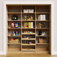 75 inch natural oak food storage shelves for organizing large pantry supplies.