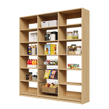 75 inch natural oak pantry storage with three wire baskets and adjustable shelving.