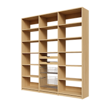 Two wood pull-out drawers and two pull-out wire baskets featured in a 78 inch natural oak pantry.