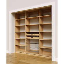 Large natural oak 90 inch pantry storage for kitchen use with two wood drawers and two pull-out wire baskets.