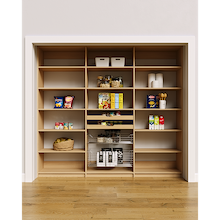 Natural oak 93 inch food storage shelves with signature wood pull-out drawers and wire baskets.
