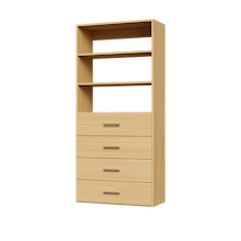 4-drawer shelf tower natural oak 31.5 inch slab closet organizer with slab drawer fronts and wide wooden shelving.