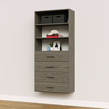 4-drawer shelf tower grey 31.5 inch slab closet system with flat panel slab drawers and shelves in a reach-in closet.